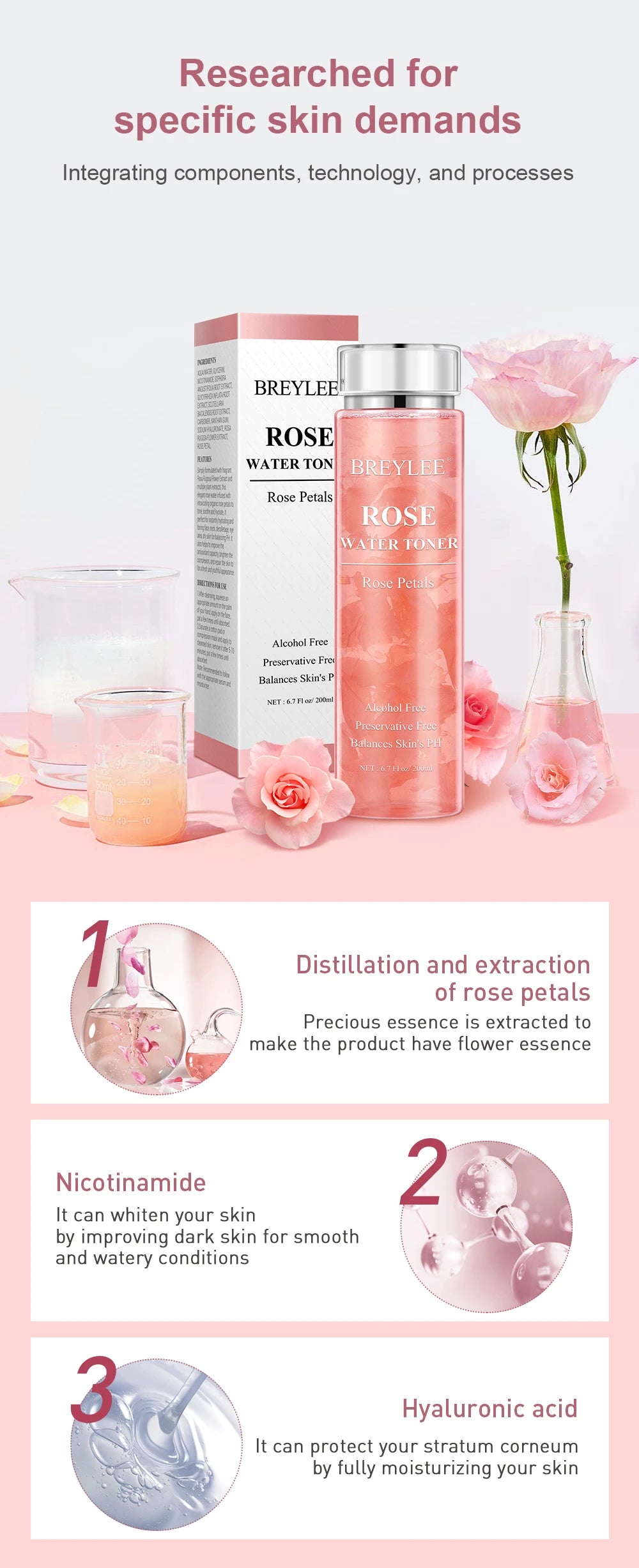 BREYLEE Face Toner Natrual Moisturizing Rose Toner 200ml