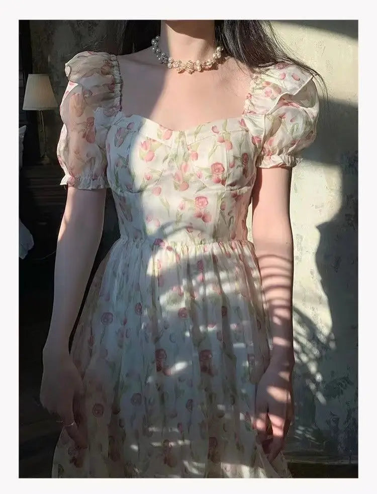 Kimotimo Gentle Floral Puff Sleeve Beach Dress