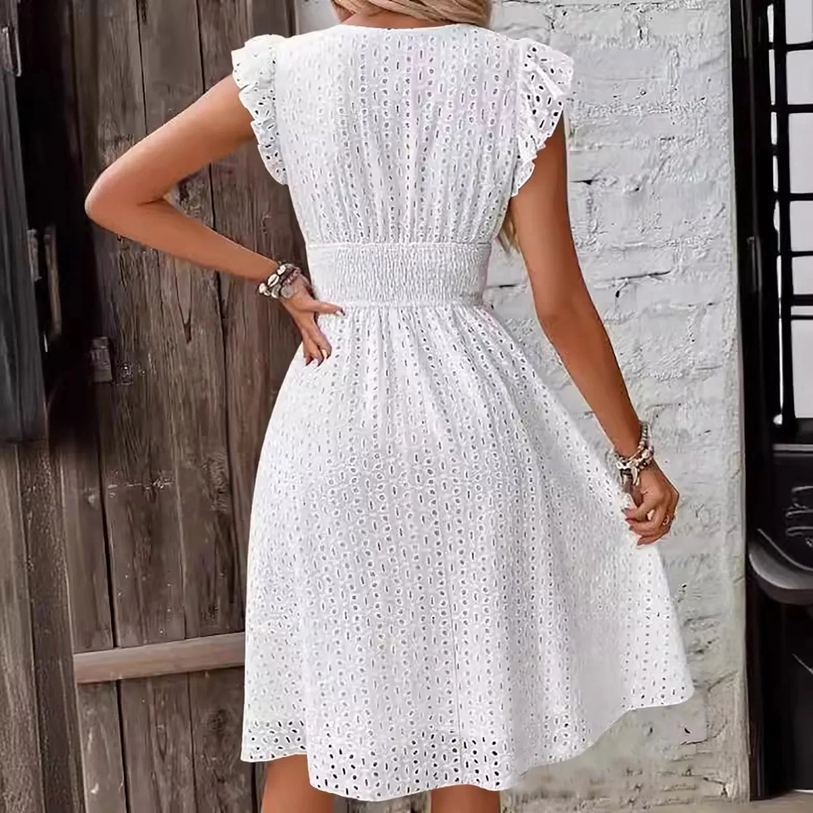 Hollow Out Slim V Neck Elastic Waist Midi Dress