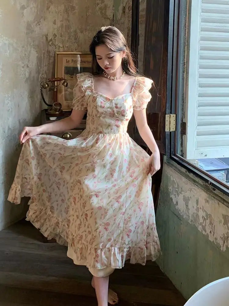 Kimotimo Gentle Floral Puff Sleeve Beach Dress