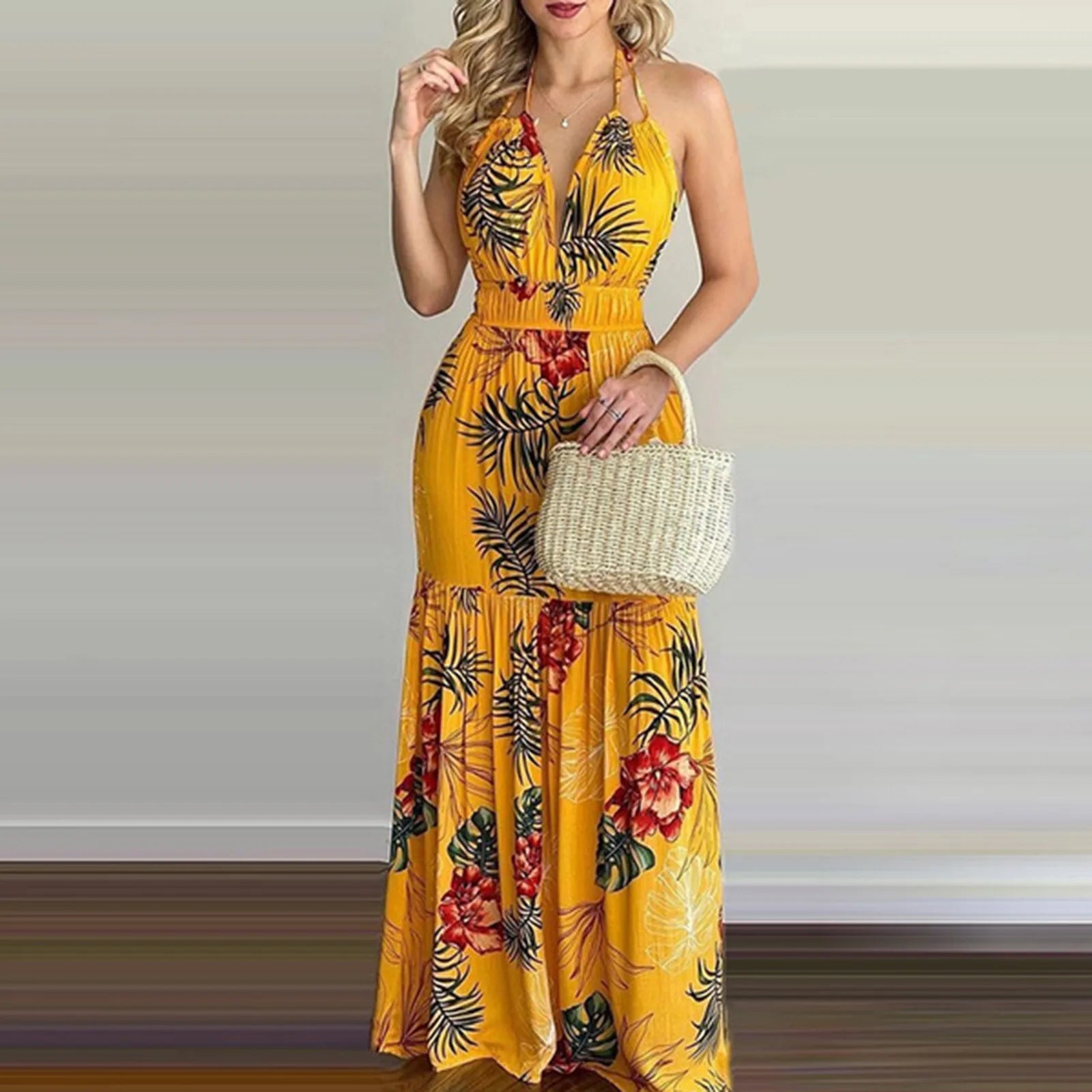 Women Tropical Print Halter Backless Maxi Dress