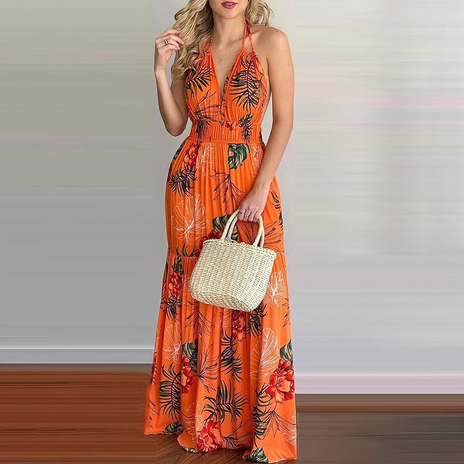 Women Tropical Print Halter Backless Maxi Dress