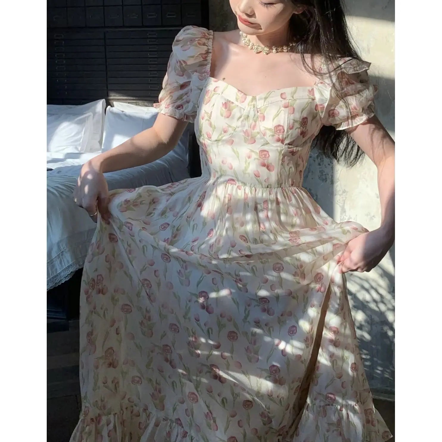 Kimotimo Gentle Floral Puff Sleeve Beach Dress