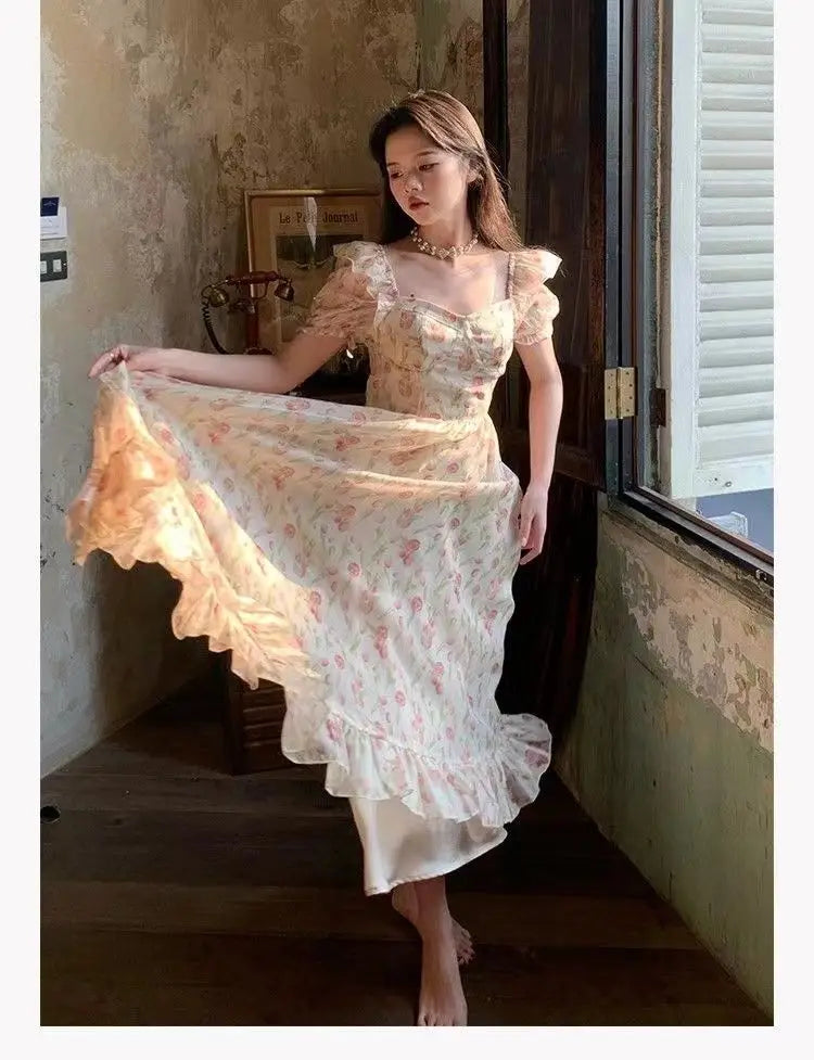 Kimotimo Gentle Floral Puff Sleeve Beach Dress