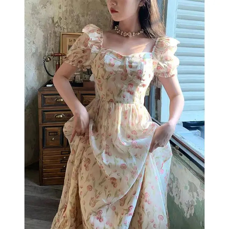 Kimotimo Gentle Floral Puff Sleeve Beach Dress