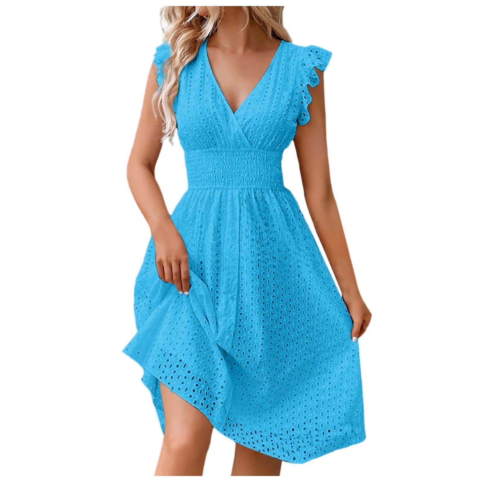 Hollow Out Slim V Neck Elastic Waist Midi Dress