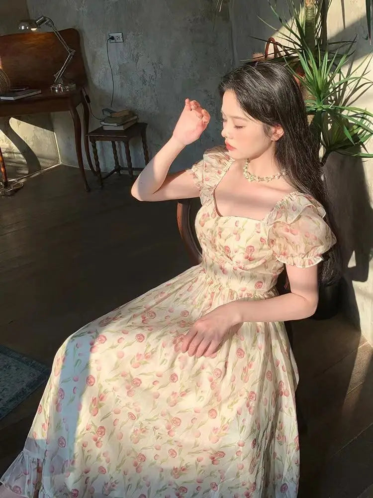 Kimotimo Gentle Floral Puff Sleeve Beach Dress
