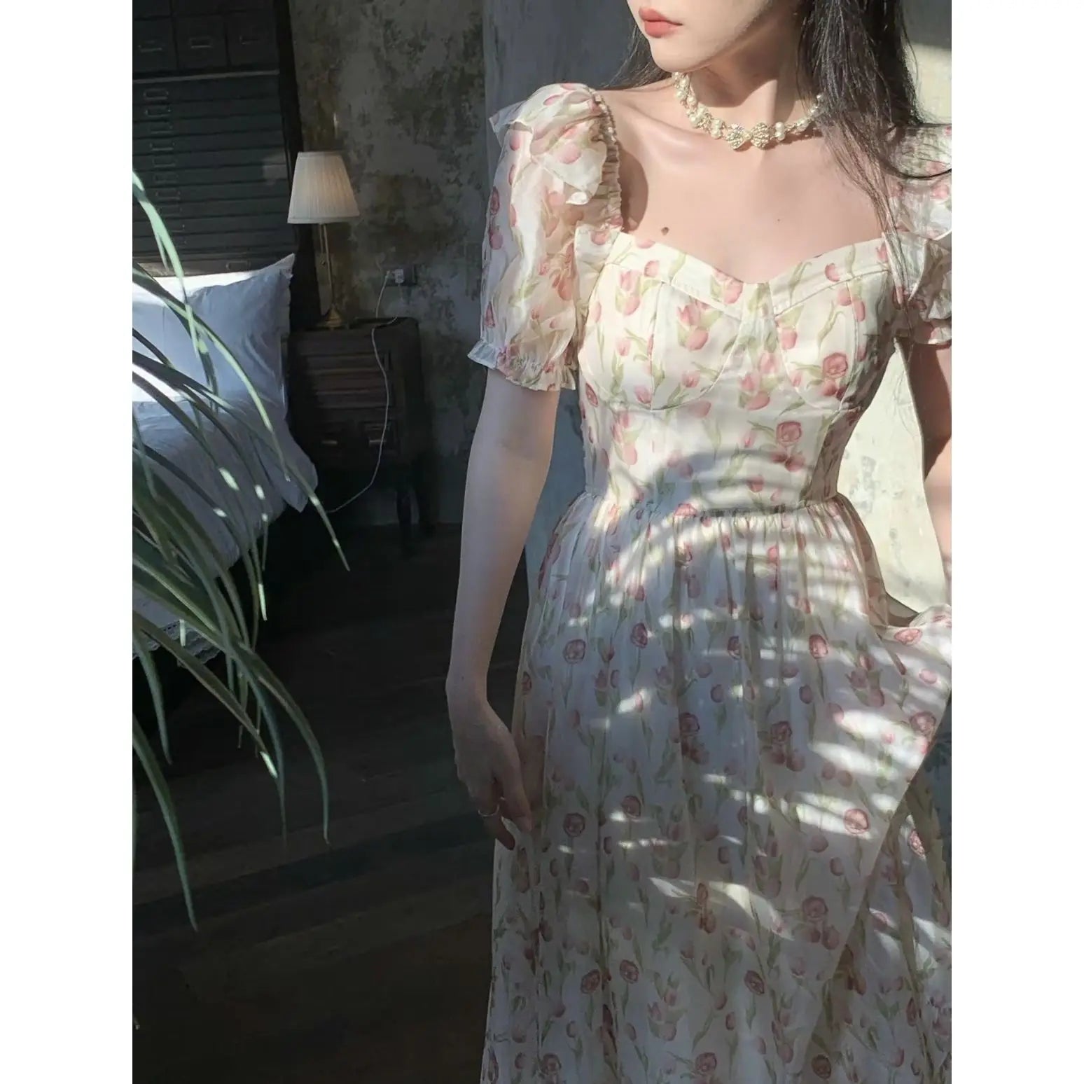 Kimotimo Gentle Floral Puff Sleeve Beach Dress