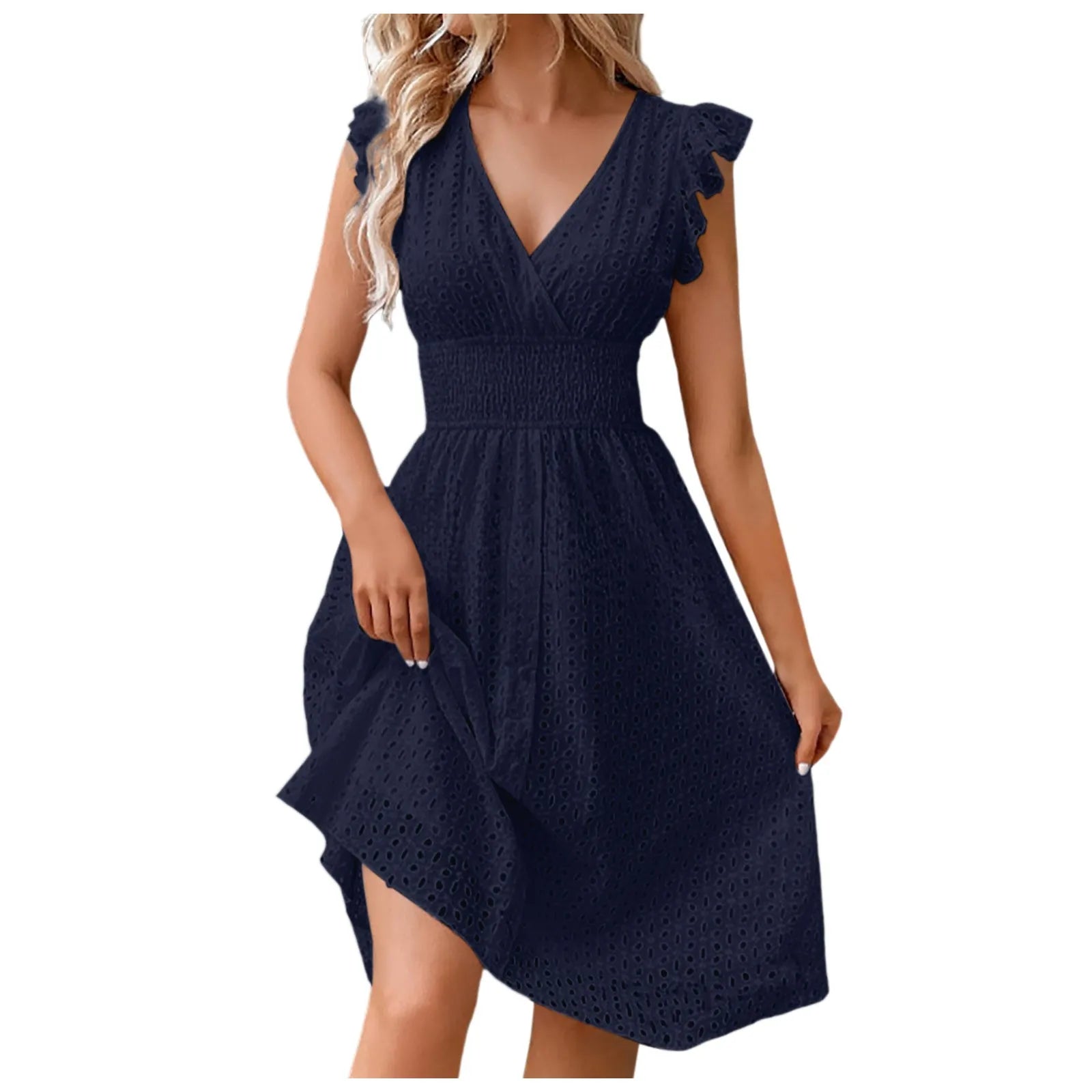 Hollow Out Slim V Neck Elastic Waist Midi Dress