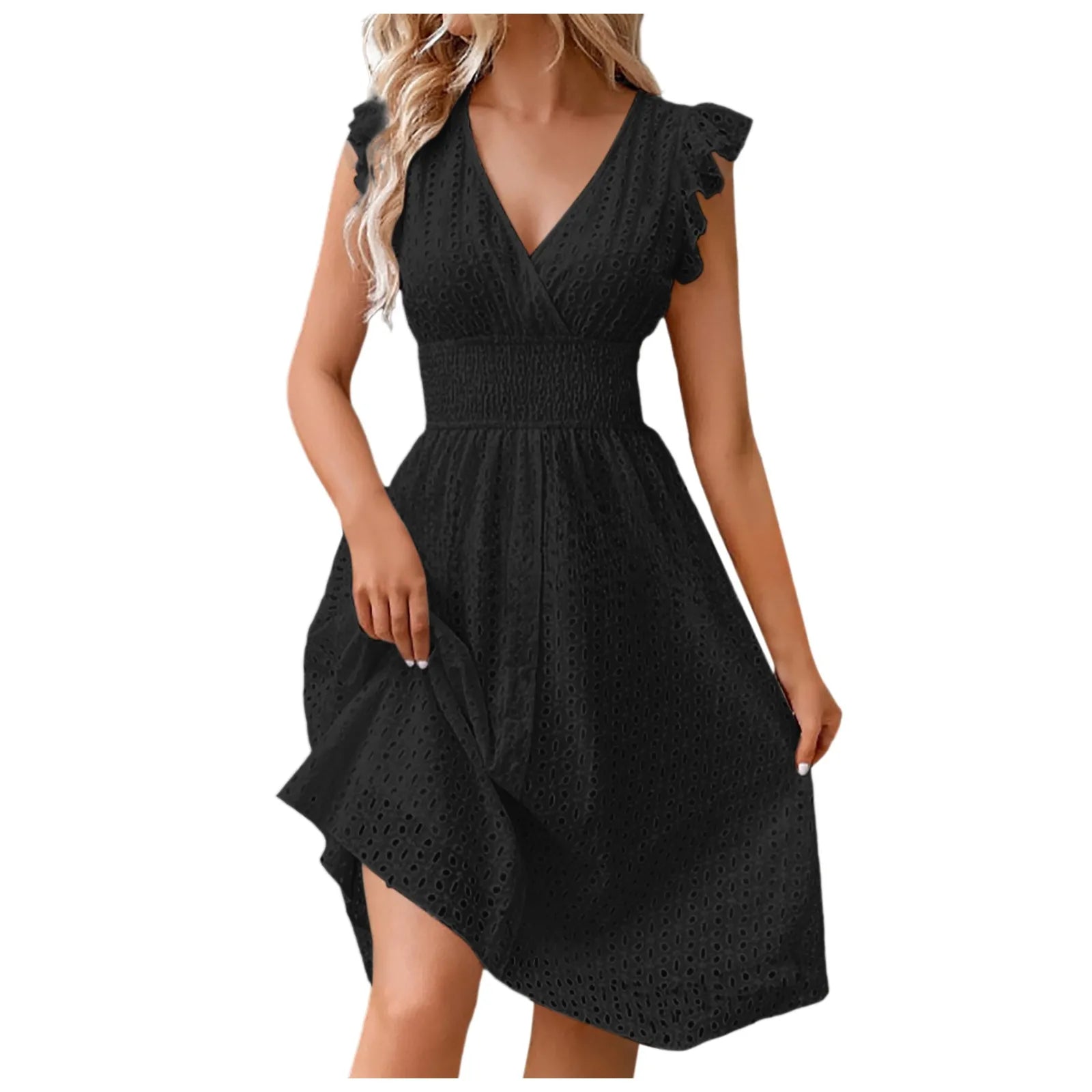Hollow Out Slim V Neck Elastic Waist Midi Dress