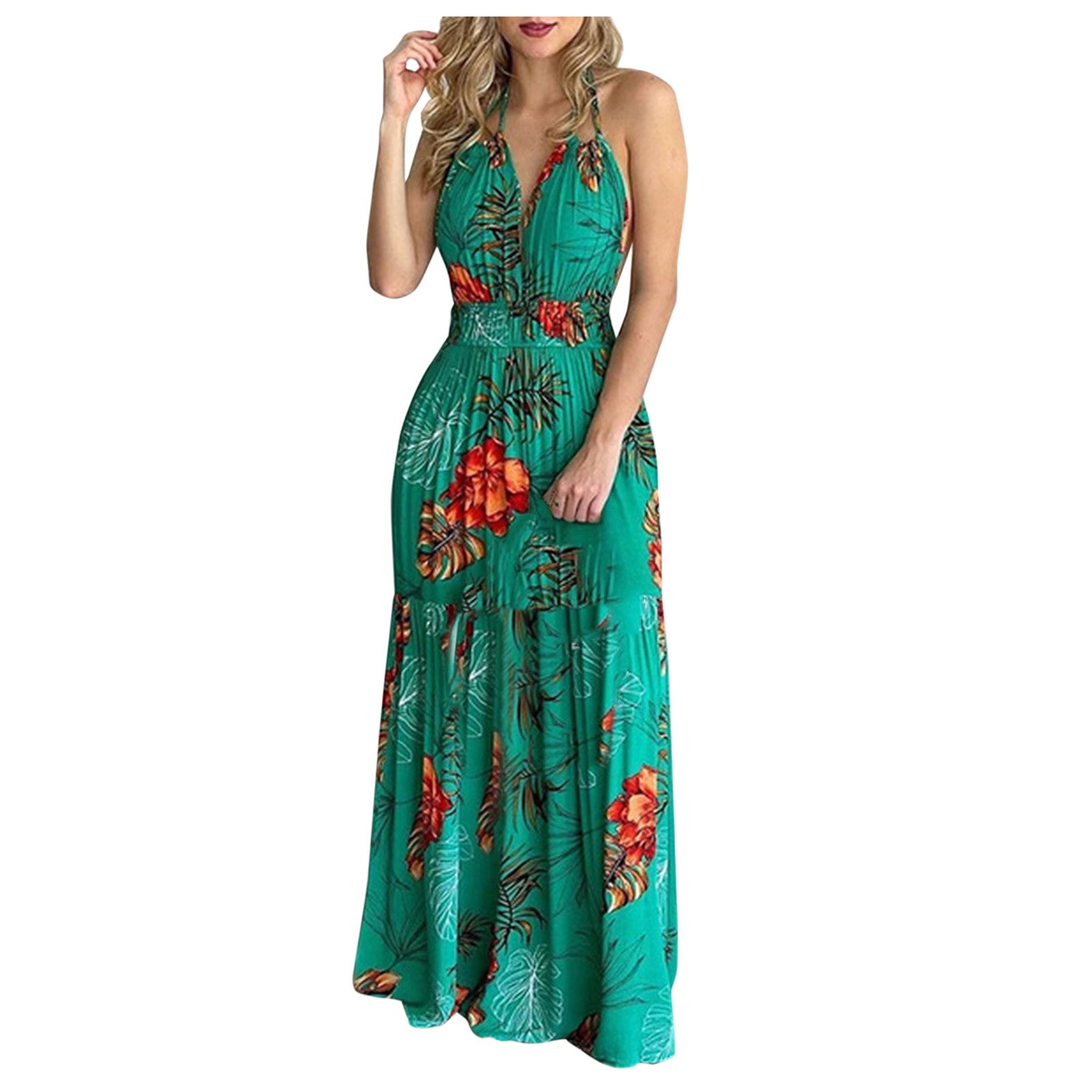 Women Tropical Print Halter Backless Maxi Dress