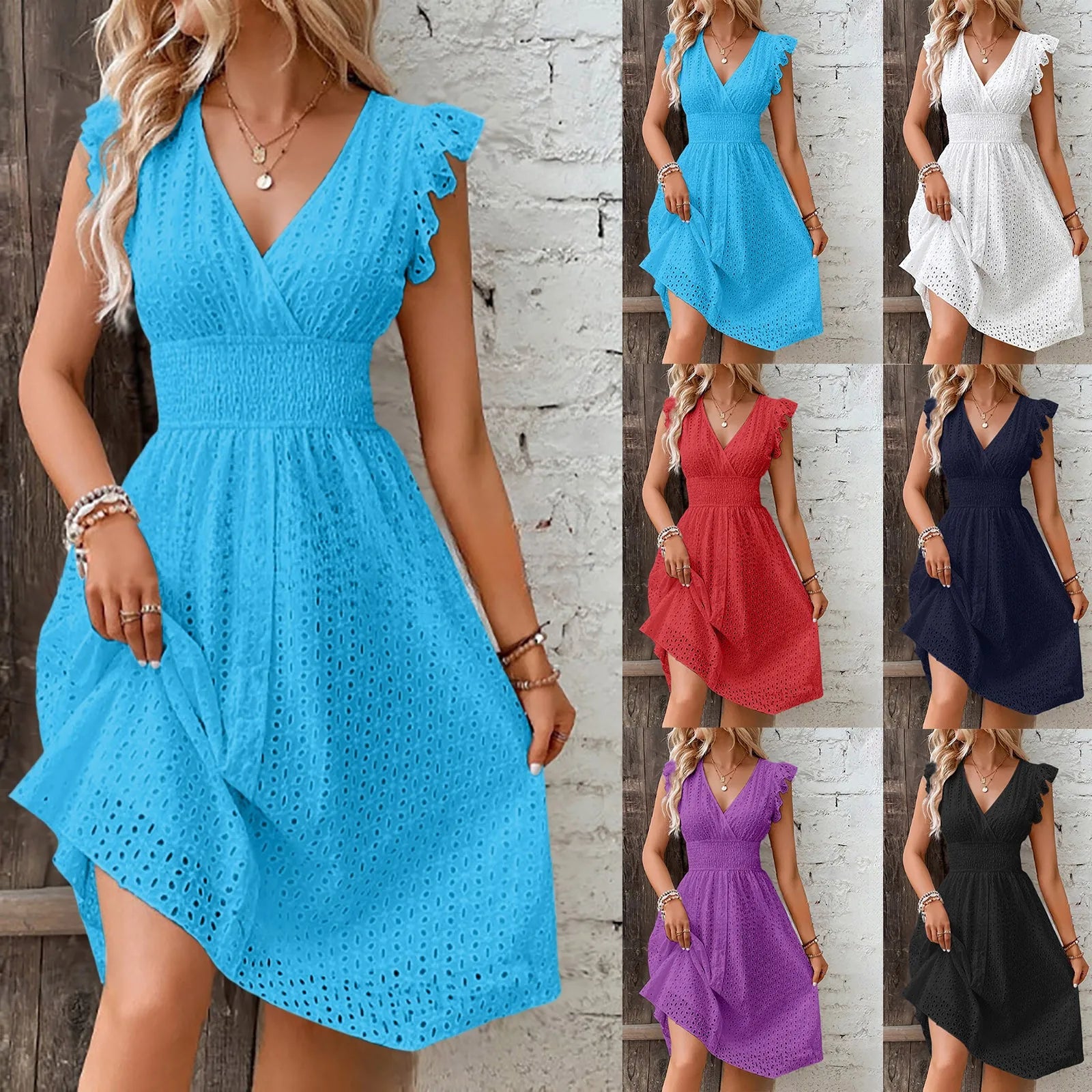 Hollow Out Slim V Neck Elastic Waist Midi Dress