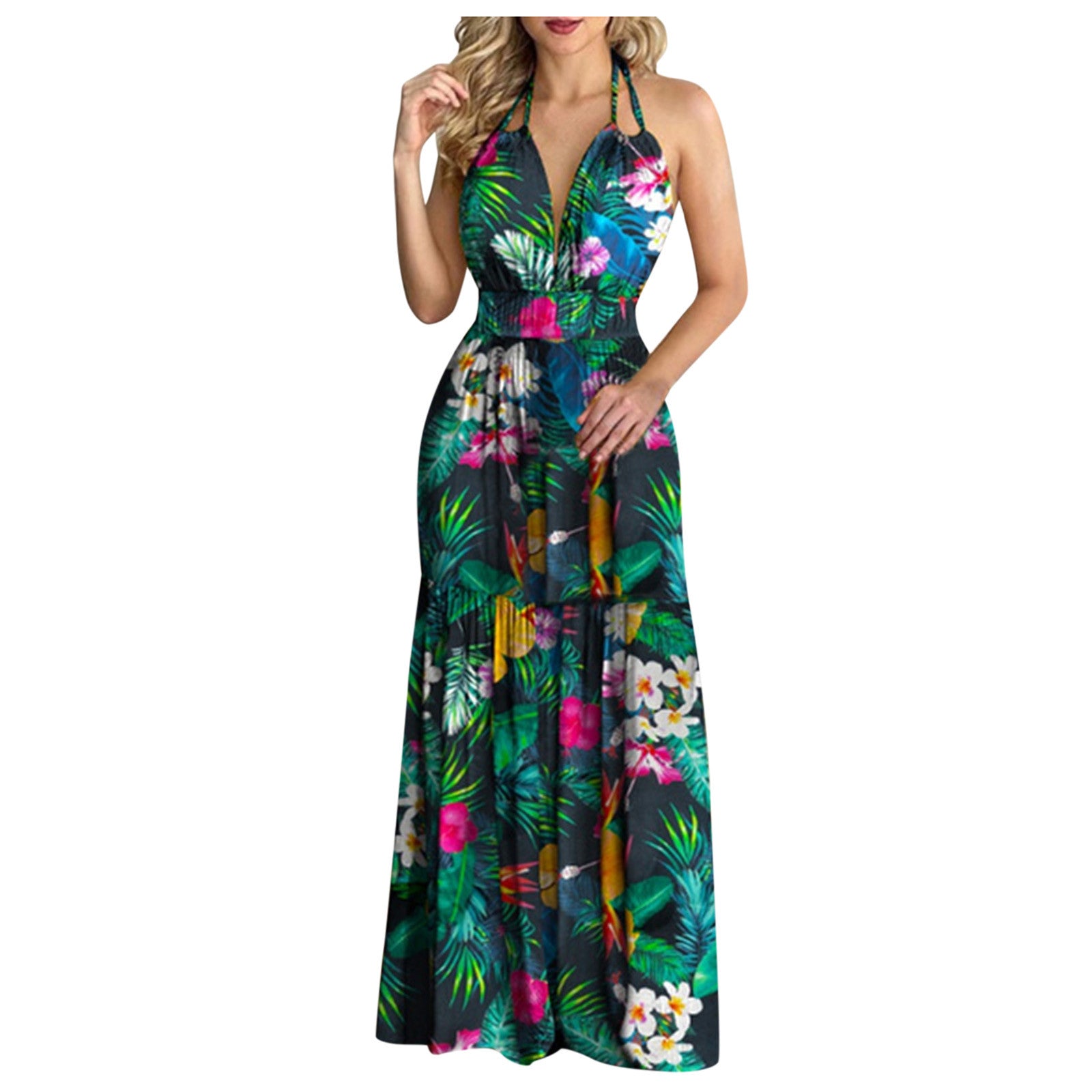 Women Tropical Print Halter Backless Maxi Dress