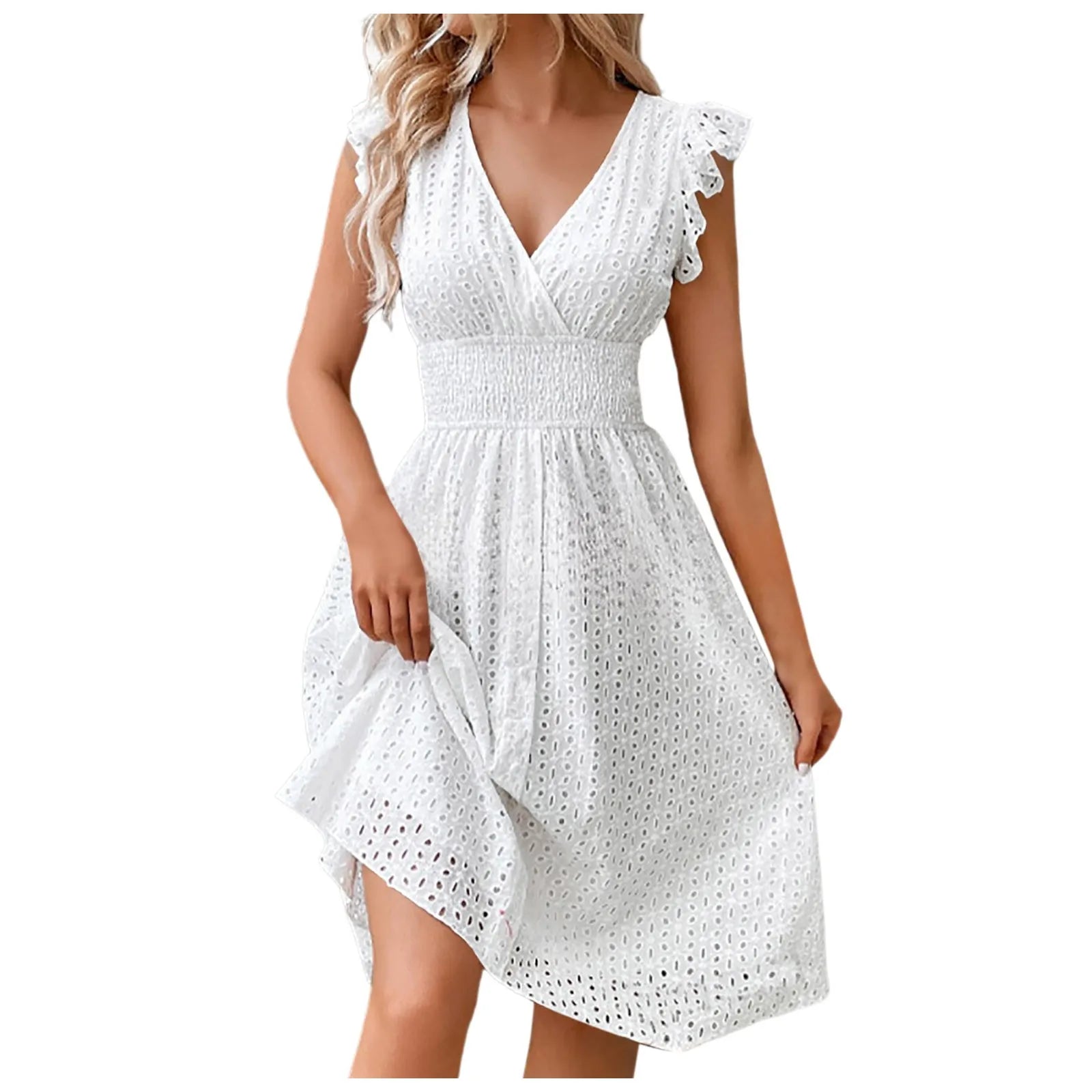 Hollow Out Slim V Neck Elastic Waist Midi Dress