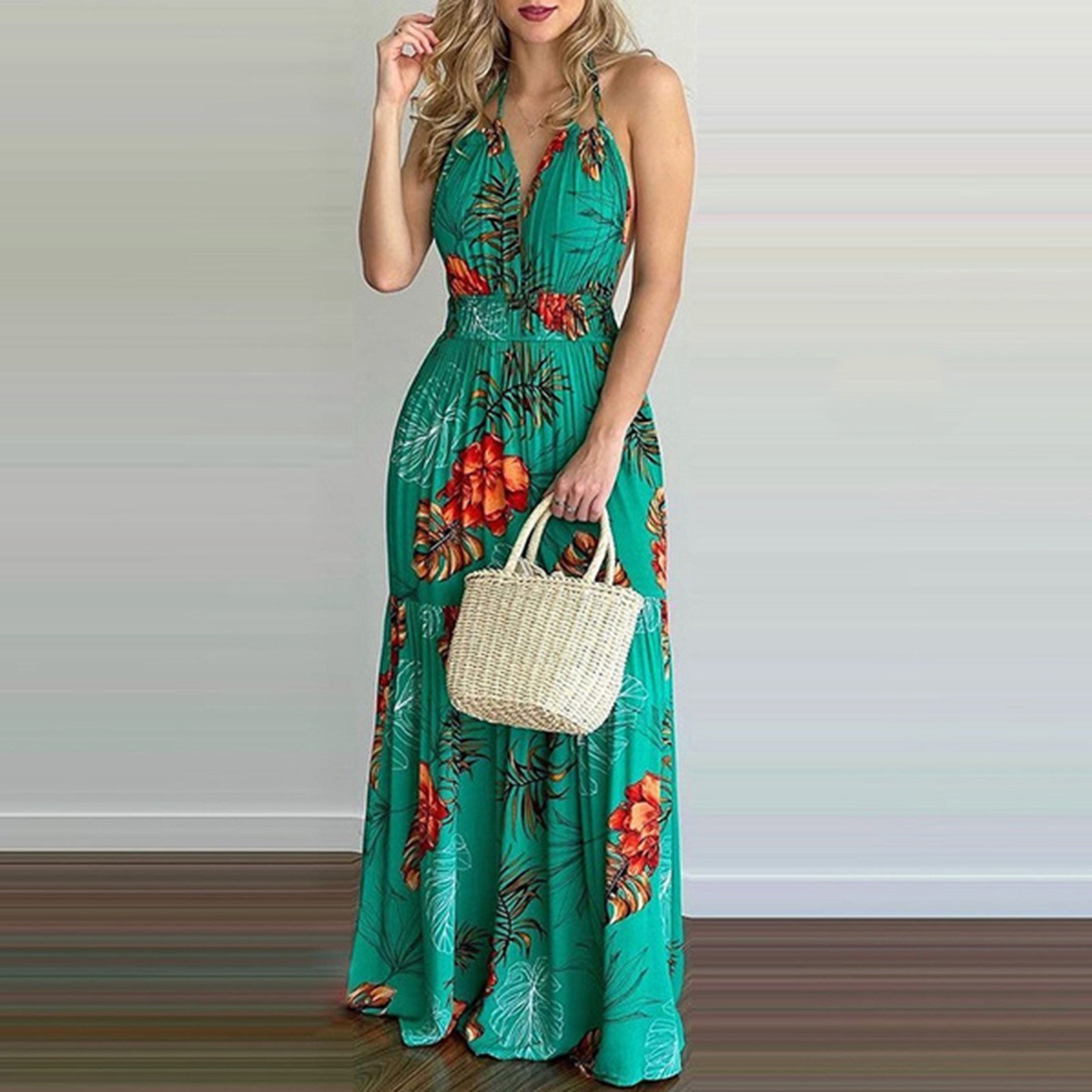 Women Tropical Print Halter Backless Maxi Dress