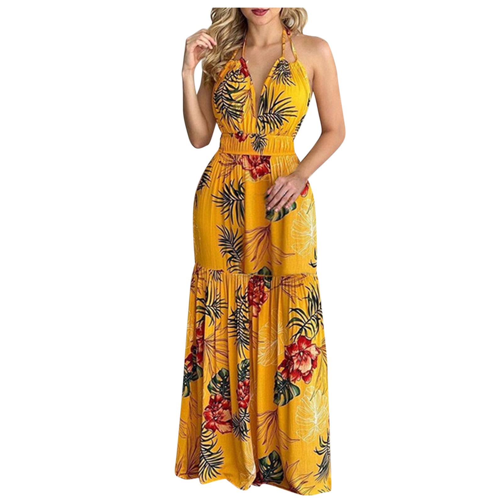 Women Tropical Print Halter Backless Maxi Dress