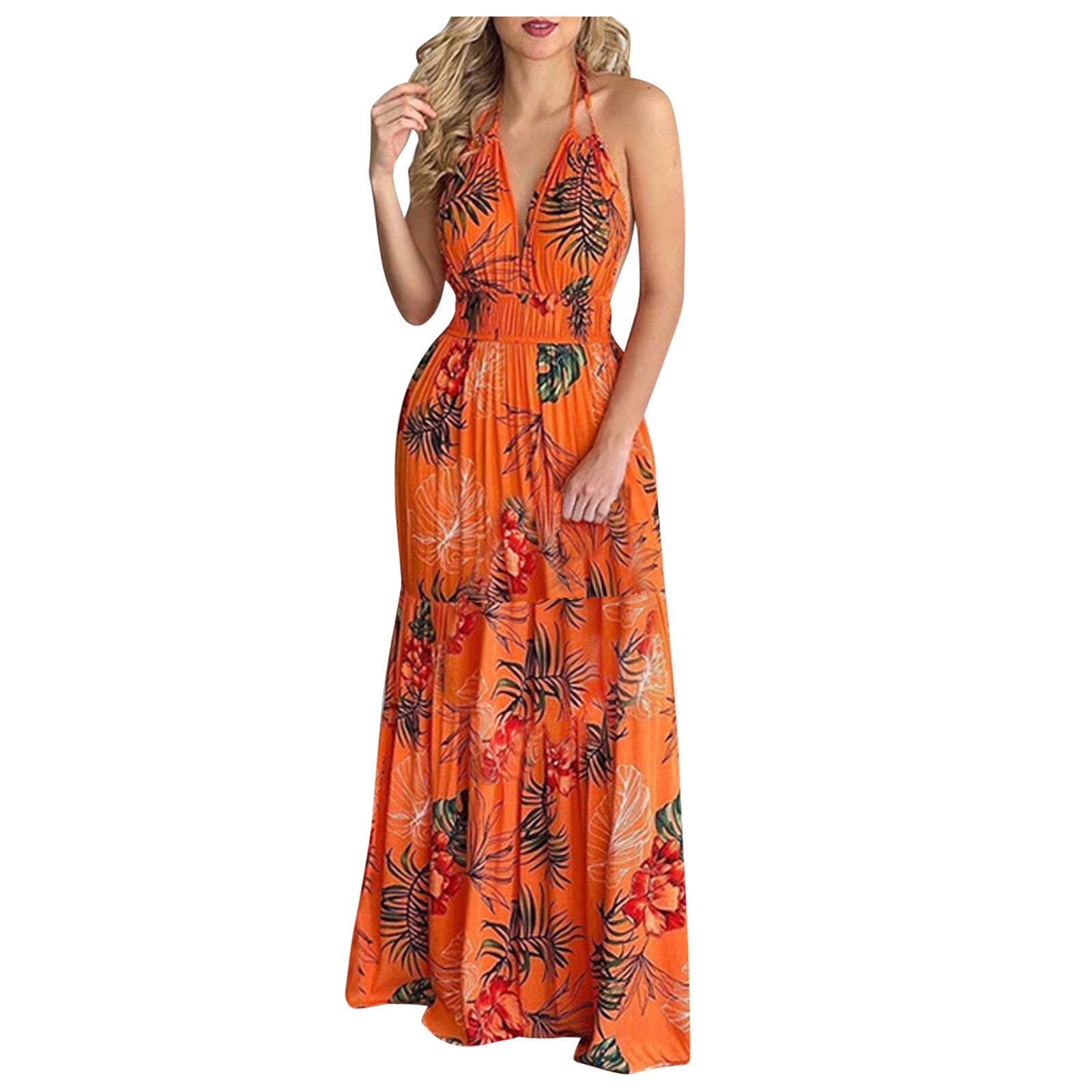 Women Tropical Print Halter Backless Maxi Dress