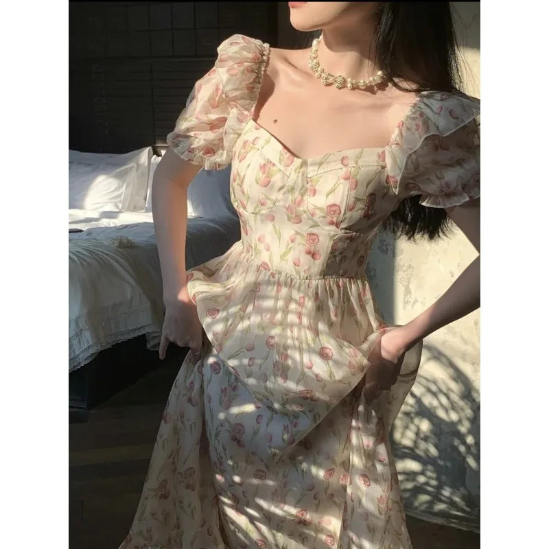 Kimotimo Gentle Floral Puff Sleeve Beach Dress