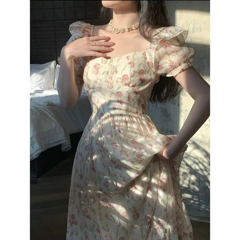 Kimotimo Gentle Floral Puff Sleeve Beach Dress