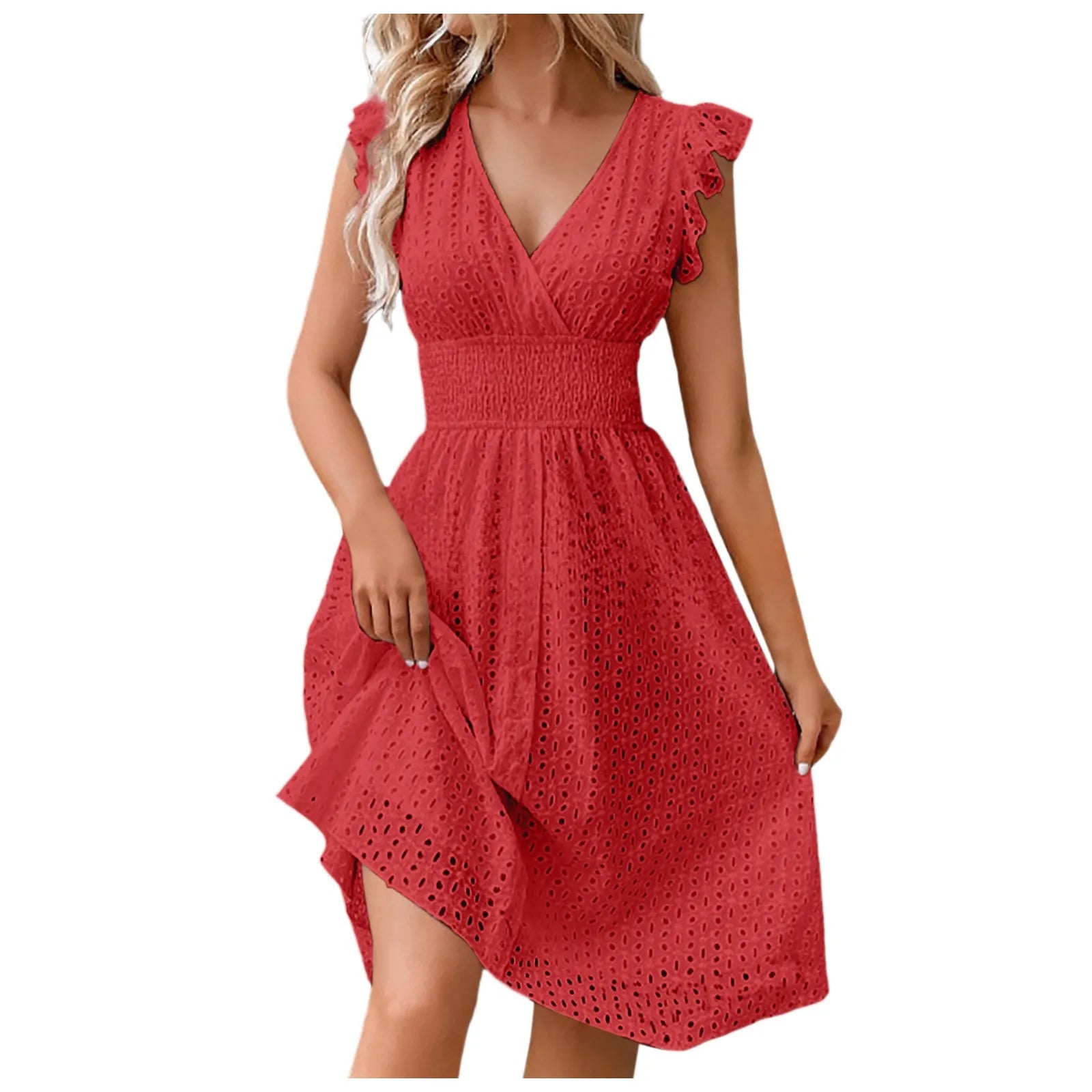 Hollow Out Slim V Neck Elastic Waist Midi Dress