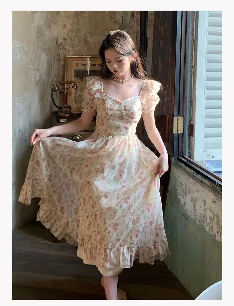 Kimotimo Gentle Floral Puff Sleeve Beach Dress