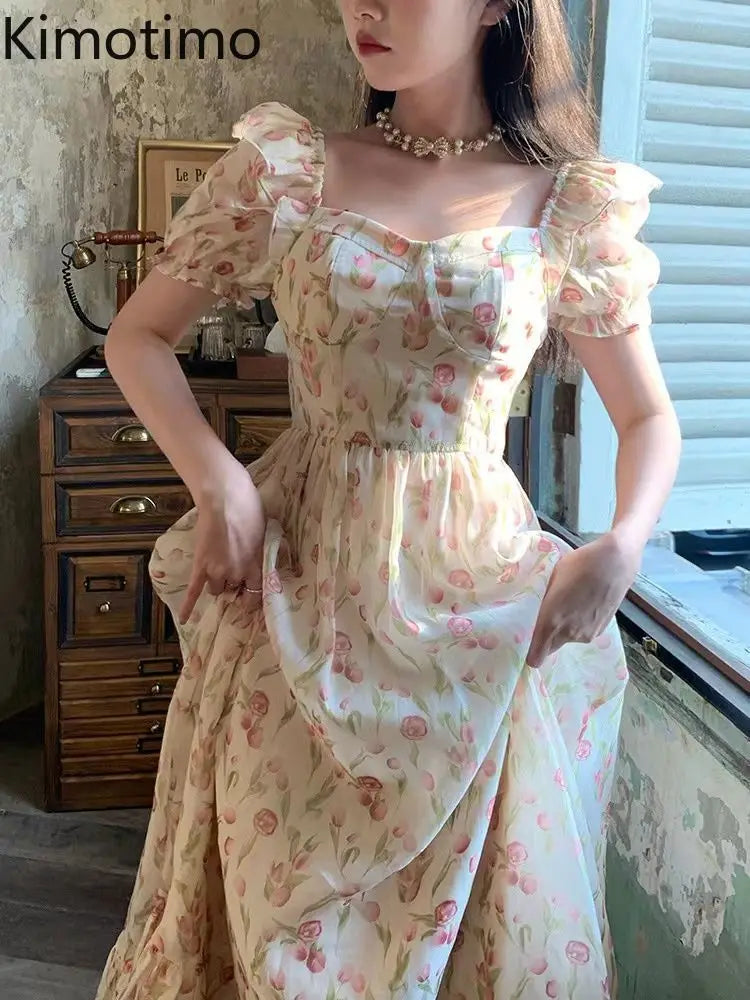 Kimotimo Gentle Floral Puff Sleeve Beach Dress