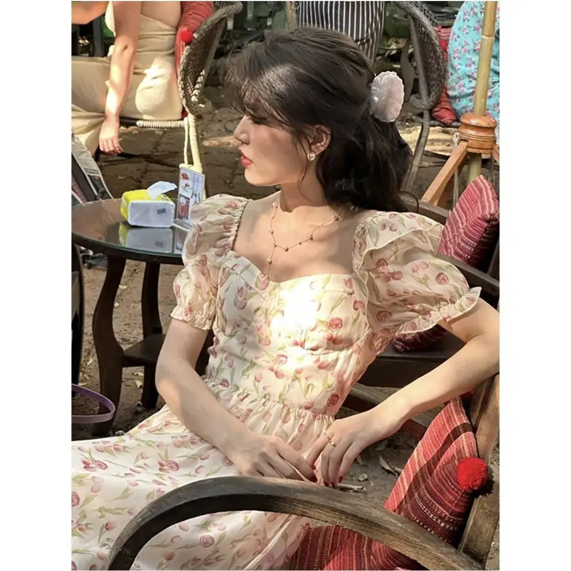 Kimotimo Gentle Floral Puff Sleeve Beach Dress