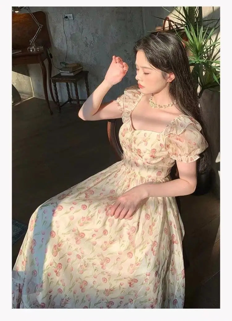 Kimotimo Gentle Floral Puff Sleeve Beach Dress