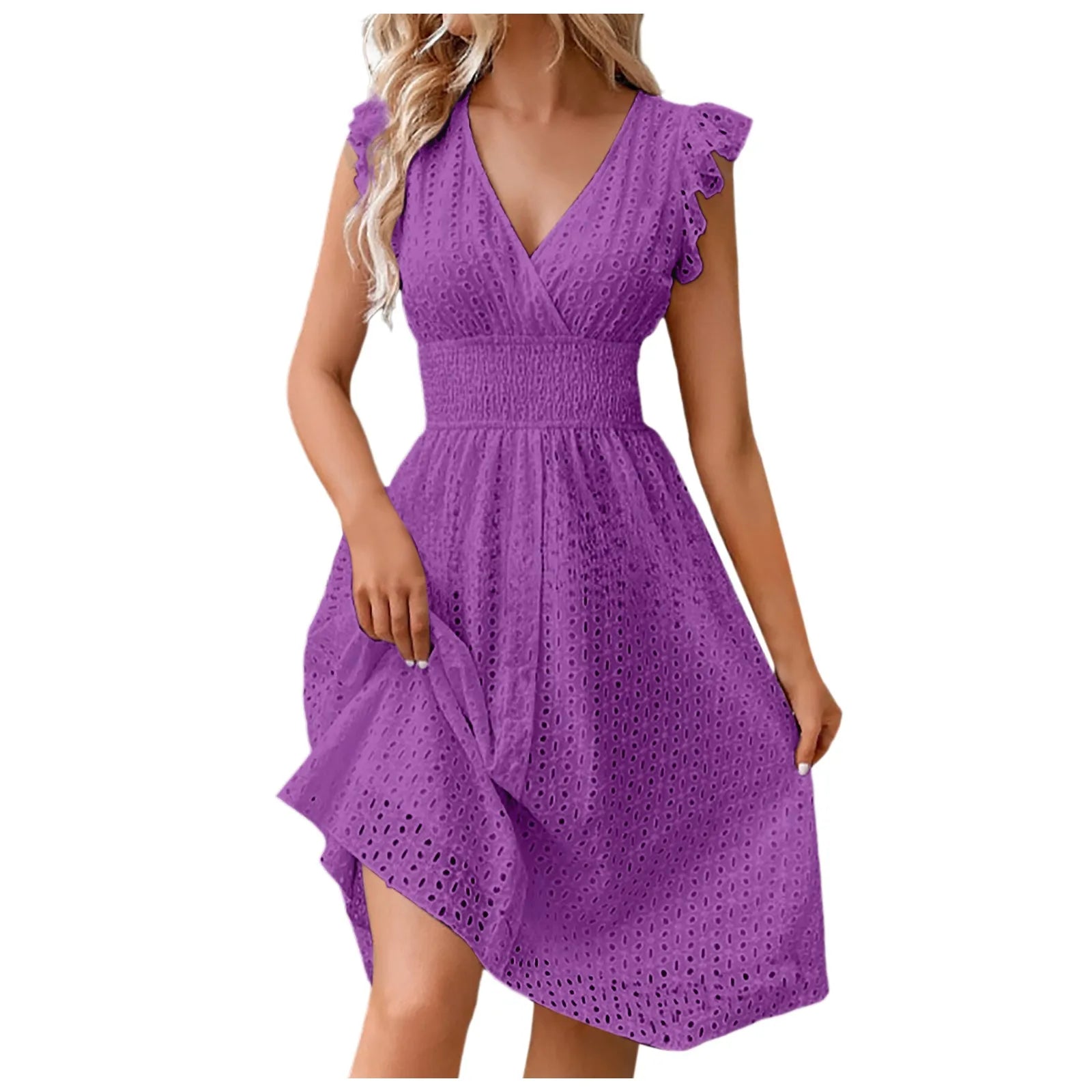 Hollow Out Slim V Neck Elastic Waist Midi Dress