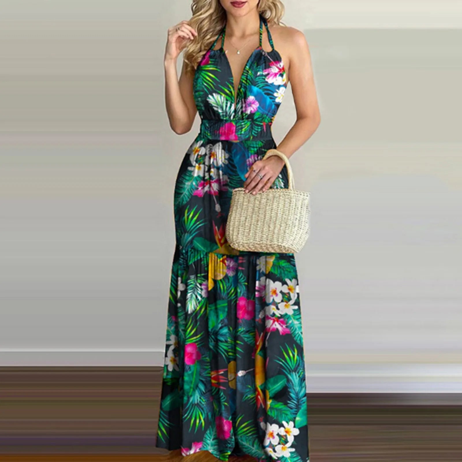 Women Tropical Print Halter Backless Maxi Dress