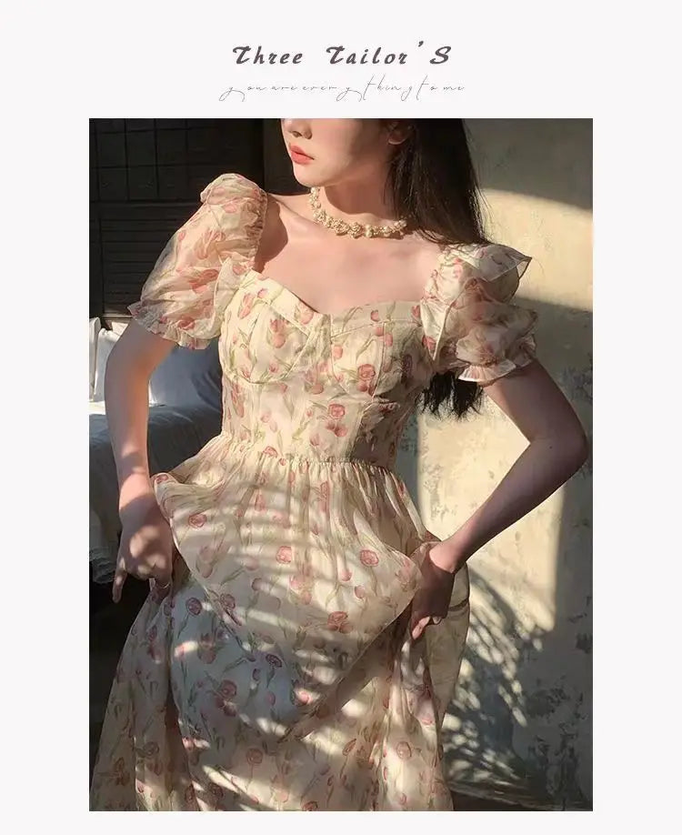 Kimotimo Gentle Floral Puff Sleeve Beach Dress