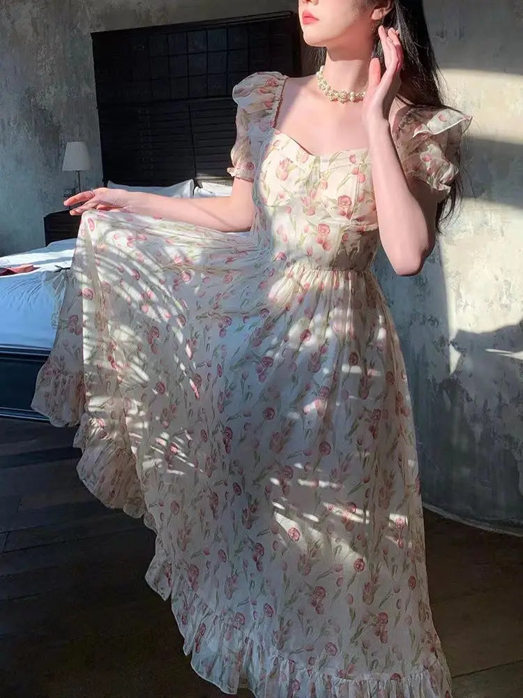 Kimotimo Gentle Floral Puff Sleeve Beach Dress
