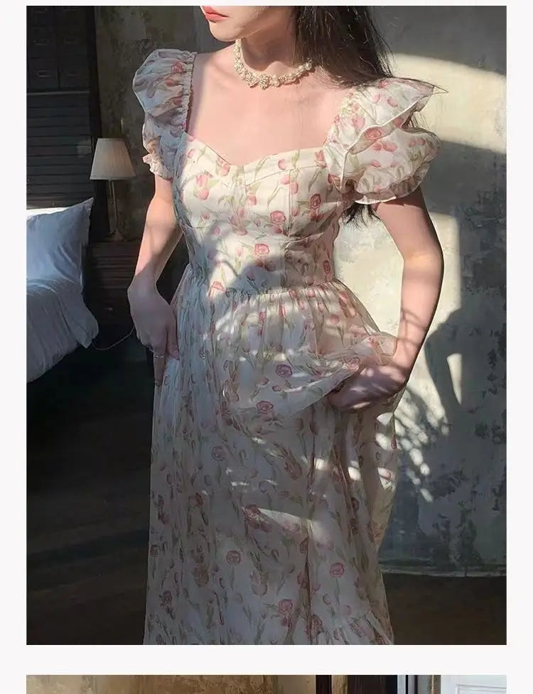 Kimotimo Gentle Floral Puff Sleeve Beach Dress