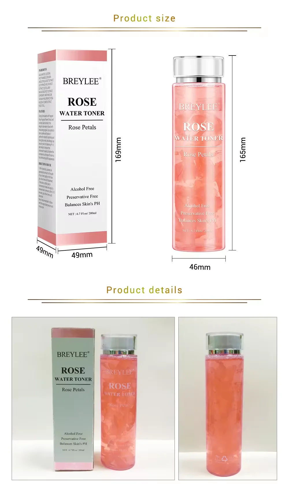 BREYLEE Face Toner Natrual Moisturizing Rose Toner 200ml