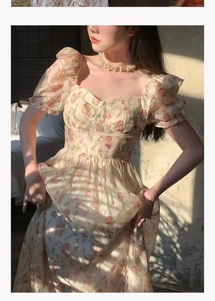 Kimotimo Gentle Floral Puff Sleeve Beach Dress