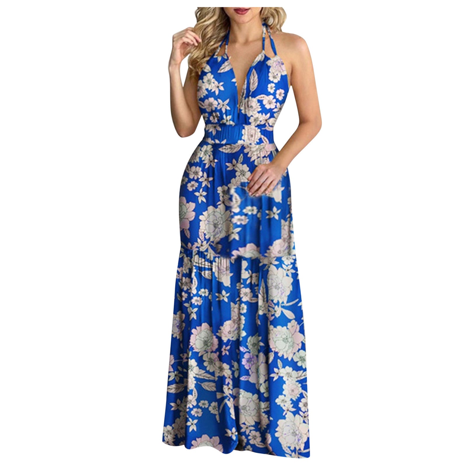 Women Tropical Print Halter Backless Maxi Dress