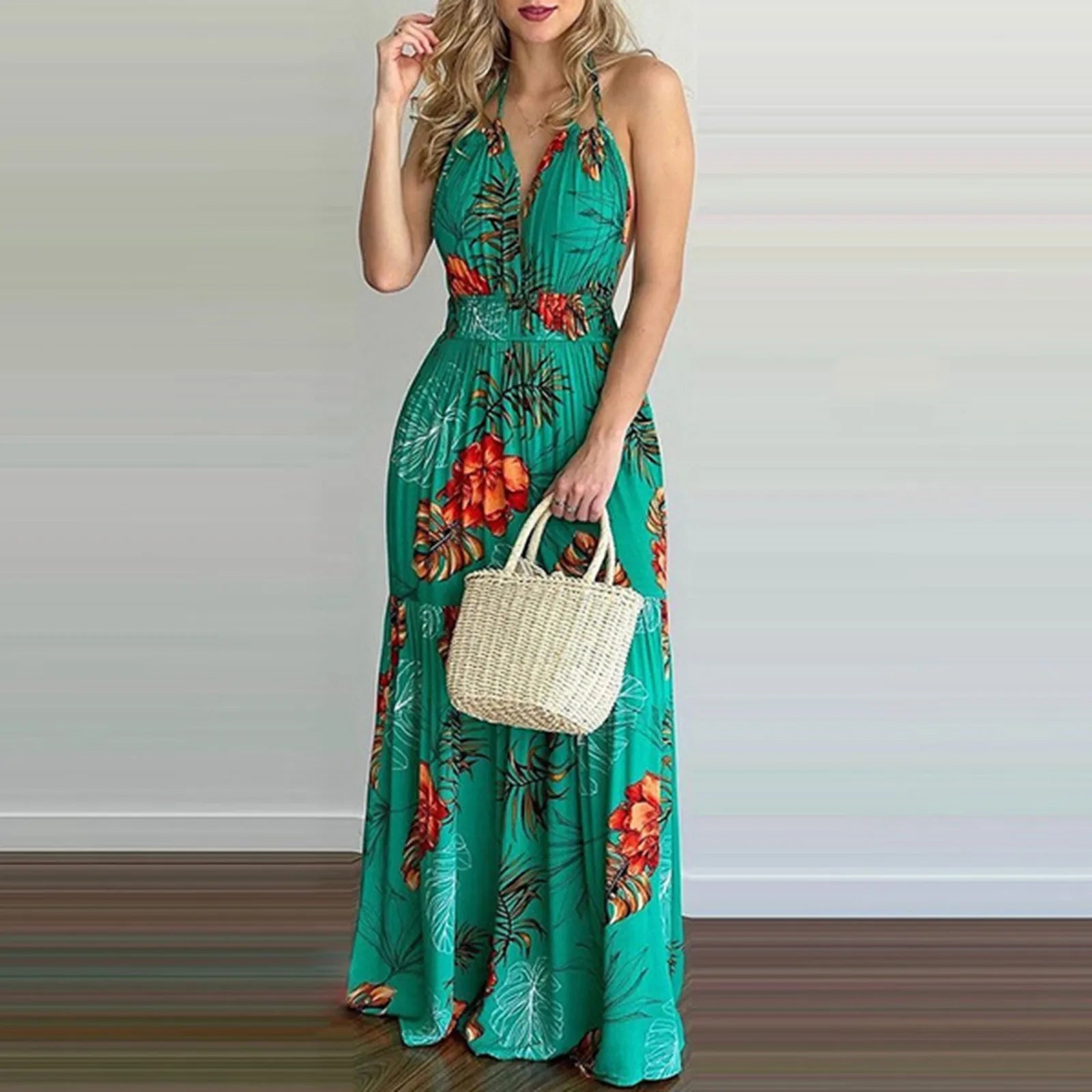 Women Tropical Print Halter Backless Maxi Dress