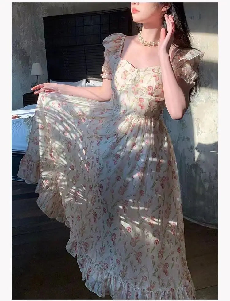 Kimotimo Gentle Floral Puff Sleeve Beach Dress