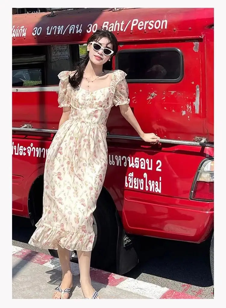 Kimotimo Gentle Floral Puff Sleeve Beach Dress